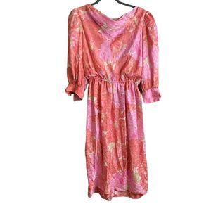 Vintage‎ 80s Diane Dickinson Pink 100% Silk Floral Midi Dress M